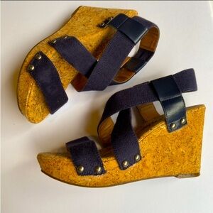 LUCKY BRAND Marla Cork Wedge Platform Navy Blue Canvas Strap Sandals Size 6